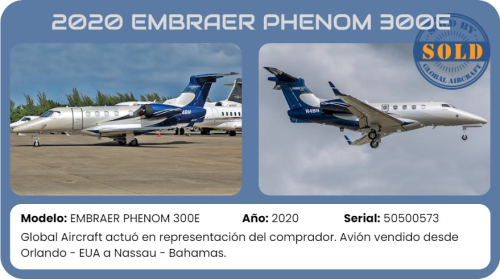 Avión 2020 EMBRAER PHENOM 300E vendido por Global Aircraft.